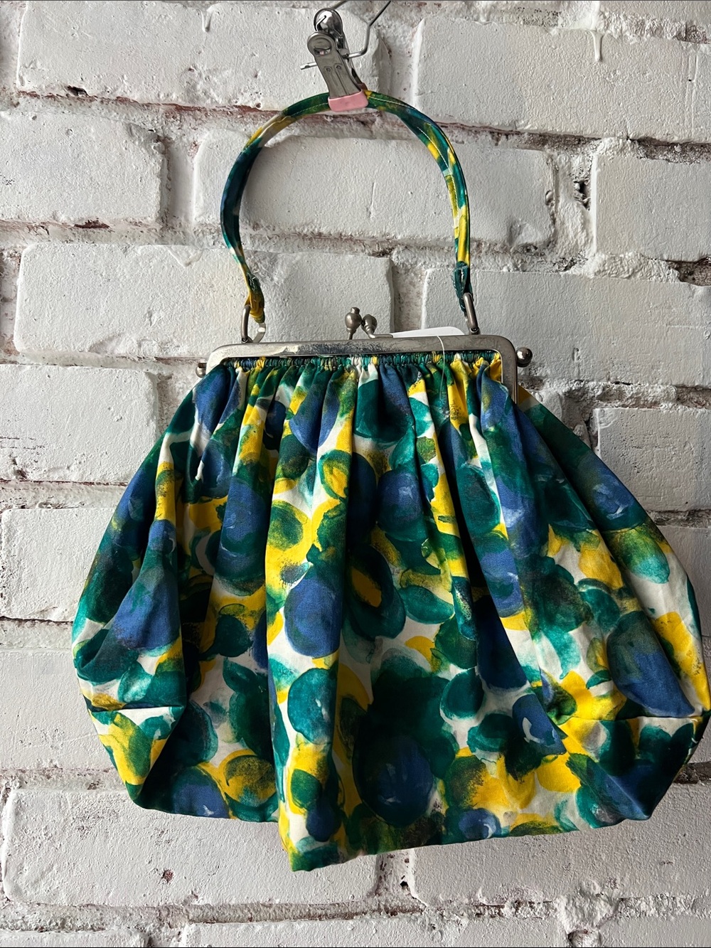 Vintage hand madeFloral Frame-Top Handbag in Green, Blue & Yellow